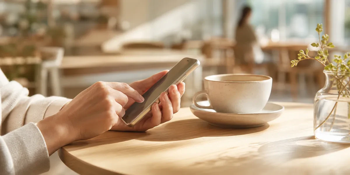 カフェでスマートフォンを操作しながら一息つく様子
